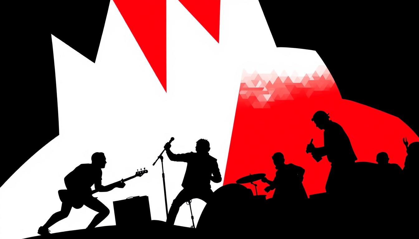 A striking abstract composition of jagged black silhouettes and bold red geometric shapes, conveying the raw, improvisational energy of a live musical performance.