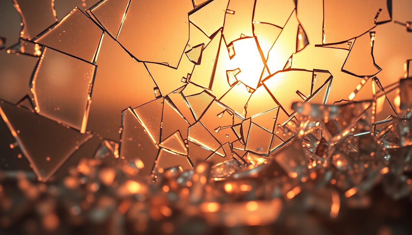 An abstract close-up photograph of shattered glass shards reflecting a warm, golden light, conveying the emotional fragility and broken dreams of a reality TV couple's relationship.
