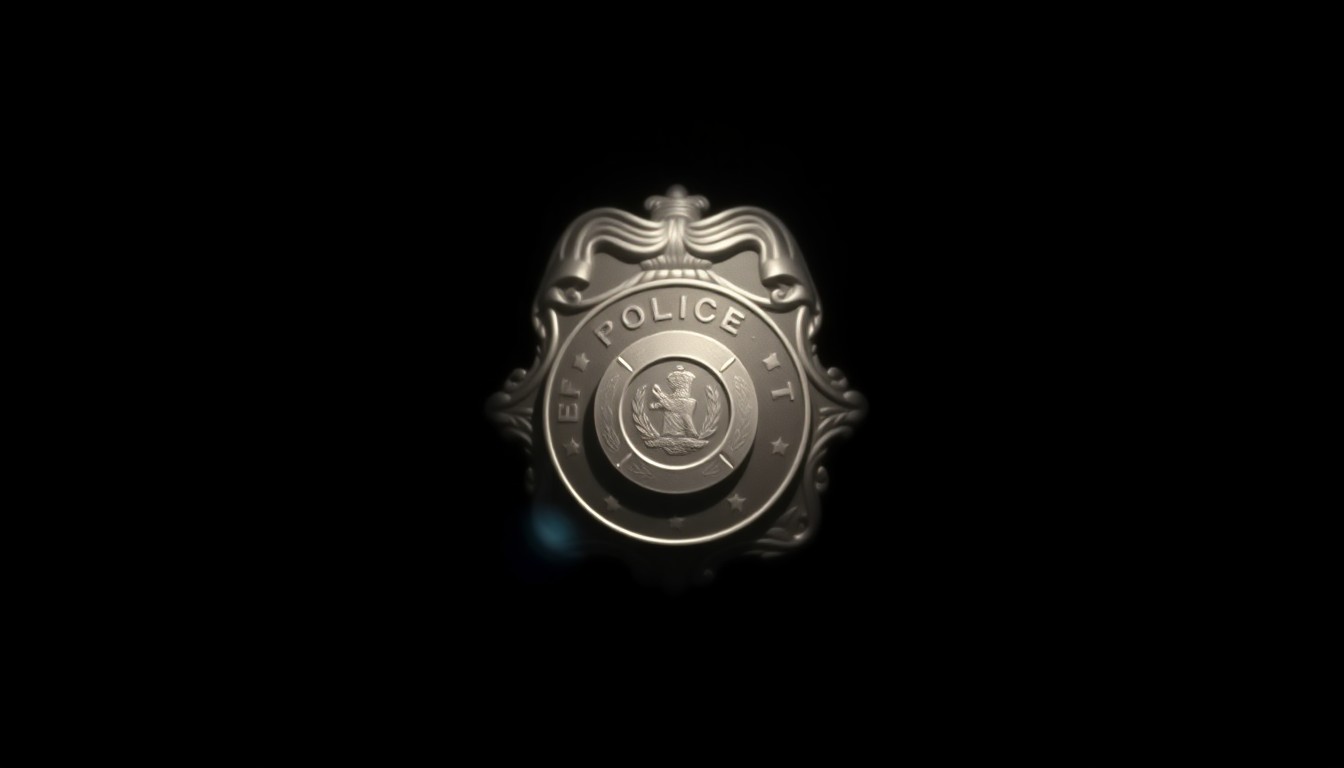An extreme close-up photograph of a police badge or insignia, dramatically lit by a harsh, direct camera flash against a pitch-black background, conveying the somber and serious nature of this news story.