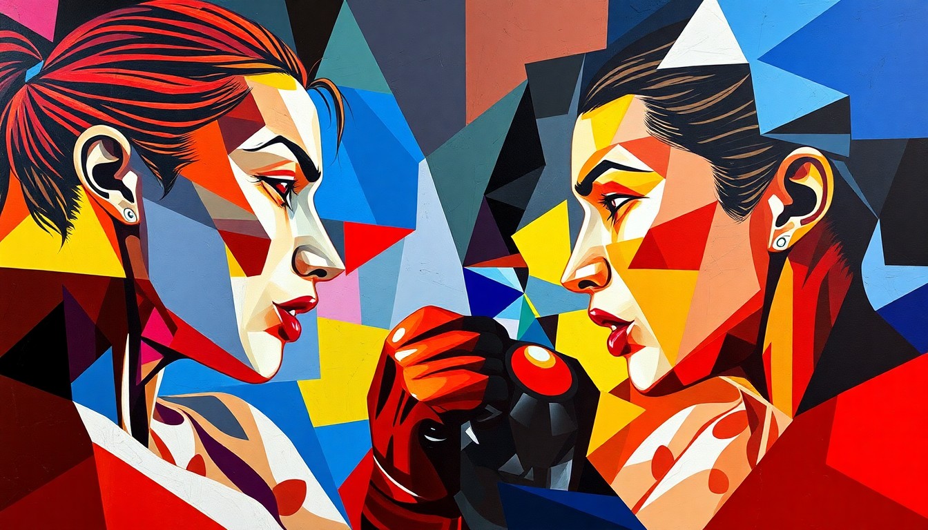 A cubist, geometric painting depicting an abstract mixed martial arts fight, with the fighters' bodies and faces broken down into sharp, overlapping planes of vibrant colors.