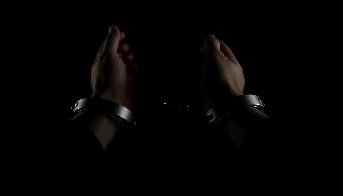 An extreme close-up photograph of a pair of handcuffed wrists against a pitch-black background, lit by a harsh, direct camera flash, conceptually representing the serious allegations of corruption and exploitation at the heart of this case.