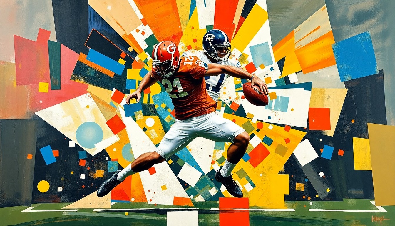 A fragmented, geometric painting depicting the explosive movements of a football player, conveying the dynamic energy and anticipation of the upcoming NFL Draft.