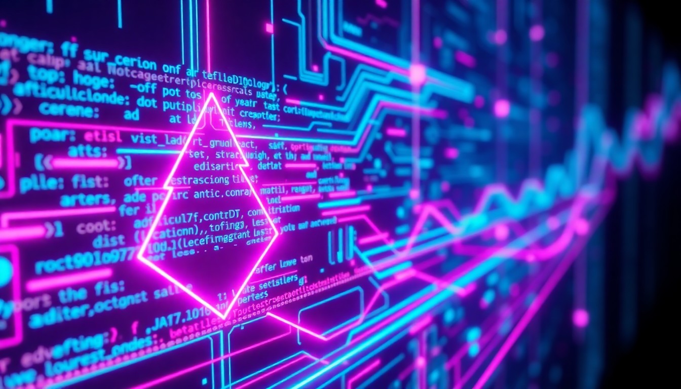 A highly detailed, glowing 3D illustration of a futuristic, neon-lit AI coding interface, with lines of code and abstract geometric shapes pulsing with luminous cyan and magenta energy, conceptually representing Apple's efforts to empower its Siri engineers with cutting-edge AI programming capabilities.
