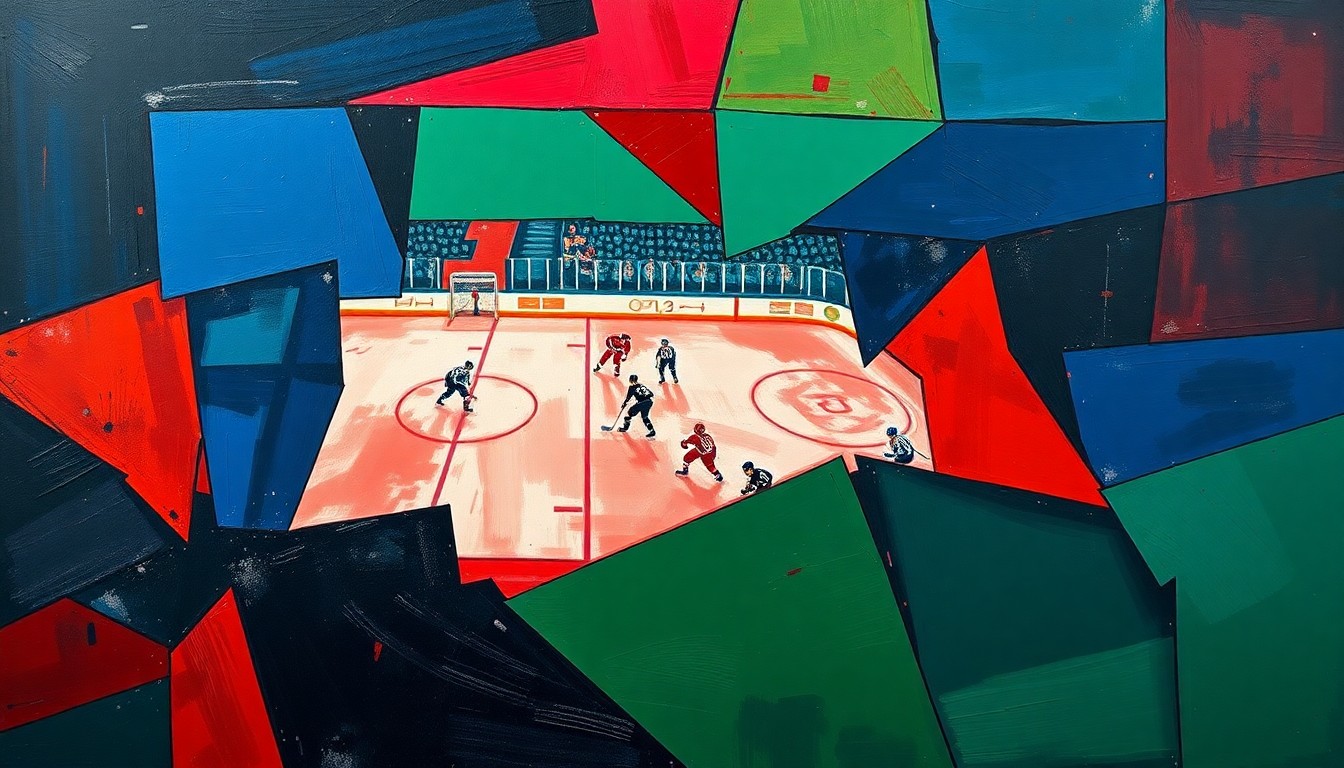 A fragmented, geometric painting depicting a hockey game or match, with sharp planes of navy, green, and red overlapping to create a dynamic, multi-perspective scene.