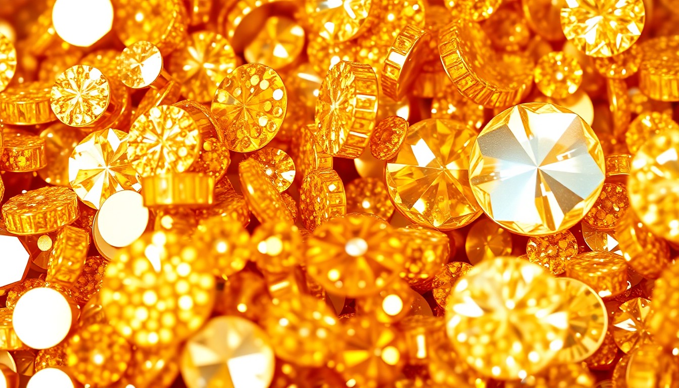 An extreme close-up photograph of a shimmering, high-contrast arrangement of gold sequins and sparkling crystal-like textures, conveying a sense of opulent, high-fashion glamour.