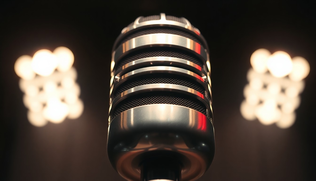 An extreme close-up of a shiny, metallic microphone in dramatic studio lighting, capturing the powerful influence of media personalities in shaping political discourse.