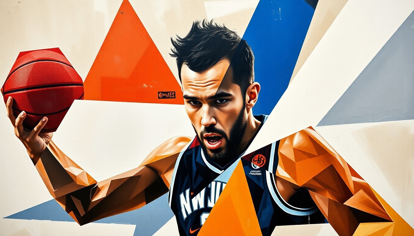 A fractured, geometric painting depicting Nikola Jokic's basketball skills and accomplishments, with sharp, overlapping planes of color and form that capture the multifaceted nature of his game.