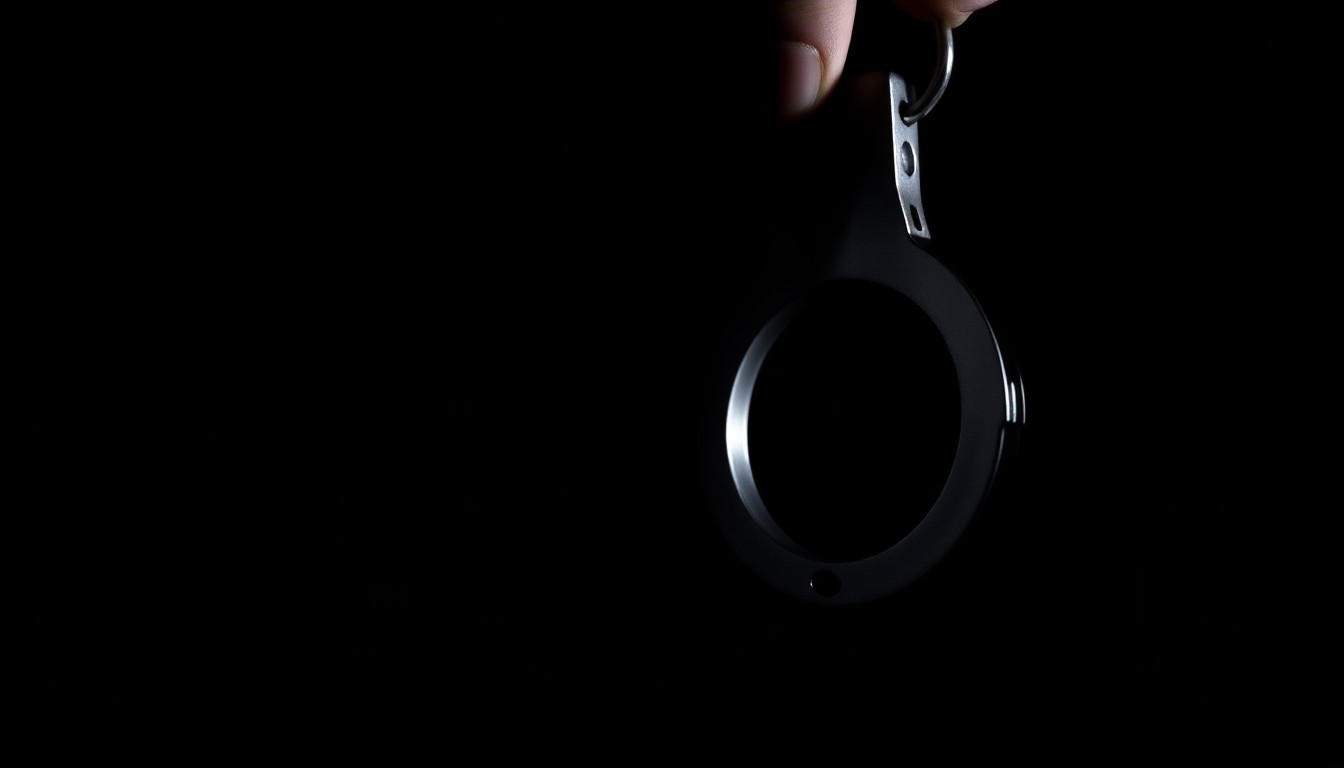 An extreme close-up photograph of a handcuff against a pitch-black background, lit by a harsh, direct camera flash, conceptually representing the stark, investigative nature of a high-profile fugitive arrest.