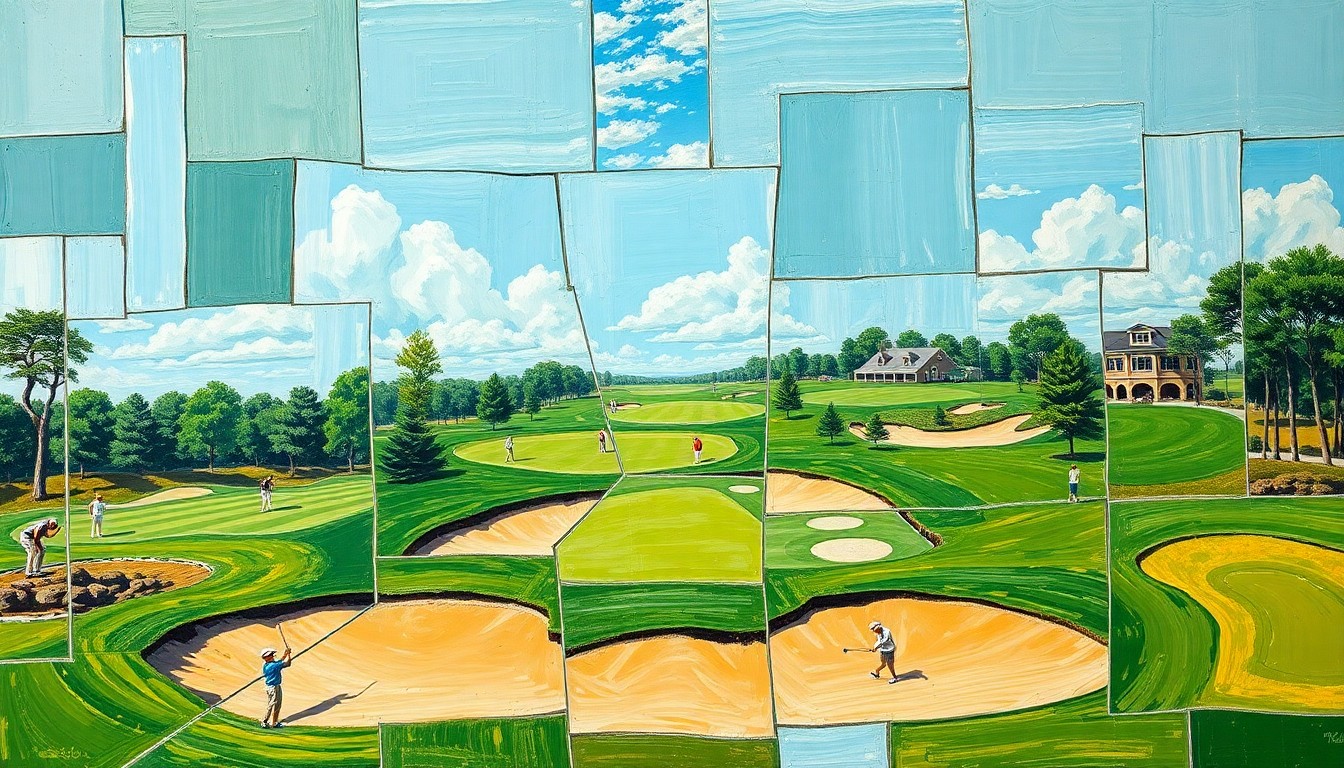 A fragmented, geometric painting depicting the various elements of a college golf tournament - fairways, sand traps, and golfers in motion - rendered in an abstract, cubist style.