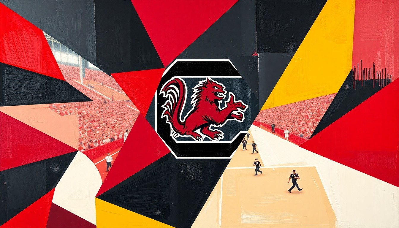 A fragmented, geometric painting in garnet and black hues depicting the dynamic action of a South Carolina football game, conveying the team's offseason improvements through a cubist artistic style.