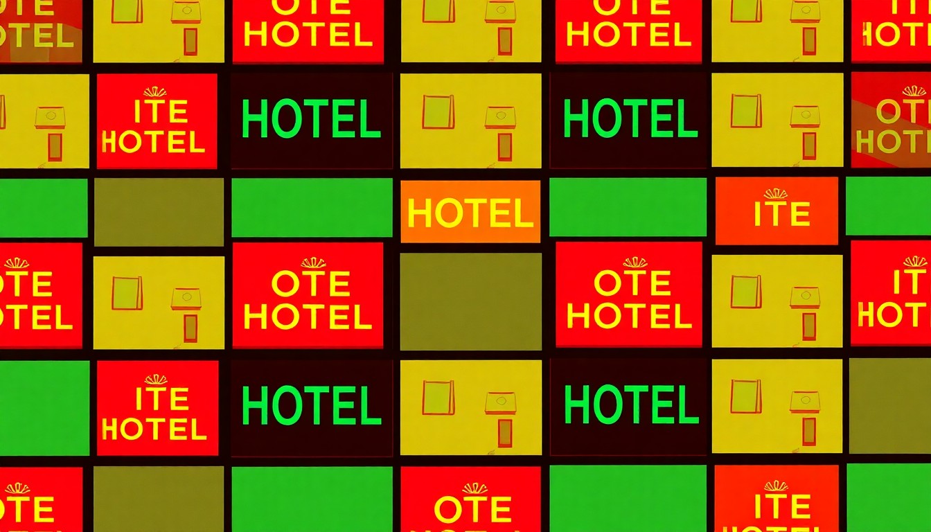 A bold, colorful silkscreen-style illustration featuring a repeated icon of a simple hotel sign or symbol, rendered in a grid of overlapping neon colors and heavy black outlines to conceptually represent the debate over a new transitional housing facility in Beaverton.