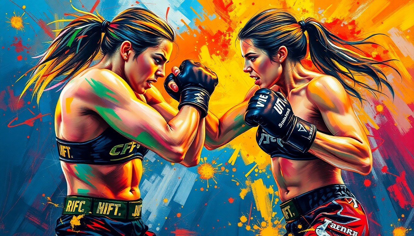 An abstract, expressionist painting depicting the intense energy and confrontation between two female MMA fighters, with bold, neon-colored brushstrokes capturing the raw emotion and physicality of their rivalry.