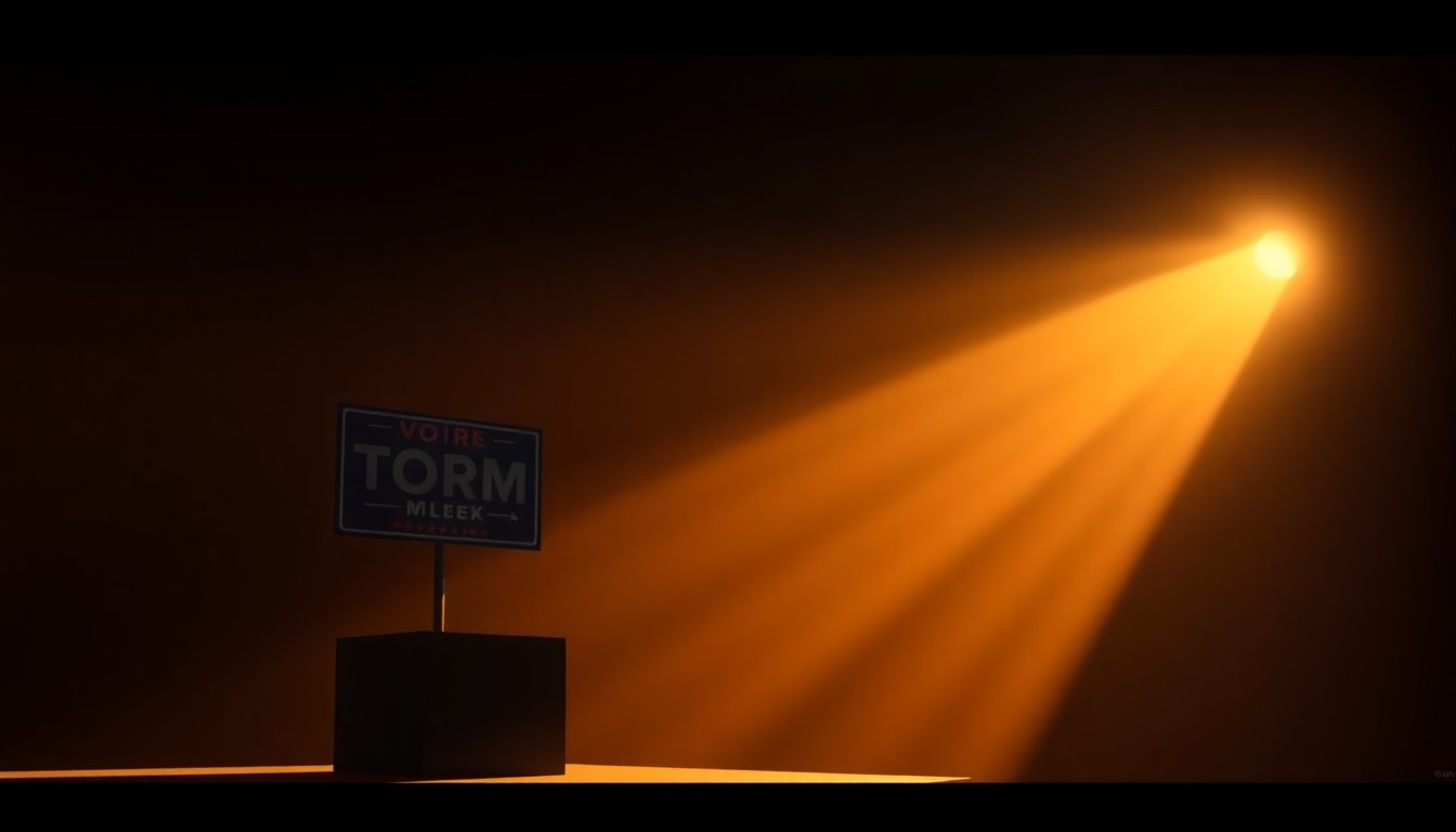 A serene, nostalgic painting depicting a lone political campaign sign or podium in a quiet, sun-dappled urban setting, capturing the contemplative mood of local political discourse.