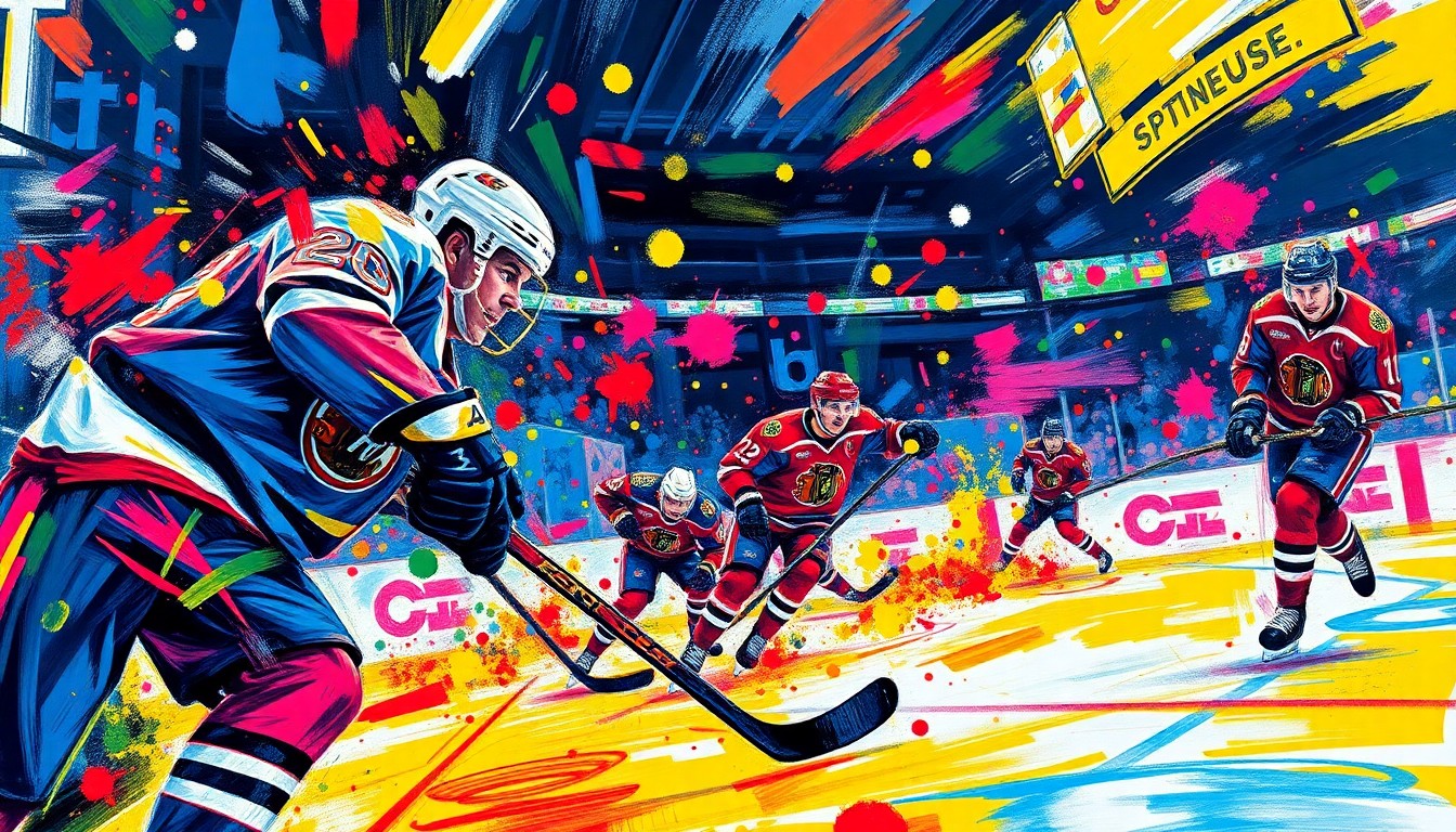 An abstract, expressionist painting featuring bold, neon-colored brushstrokes that capture the kinetic energy and scoring action of an NHL hockey game, with players' faces and logos dissolving into vibrant splatters of paint.