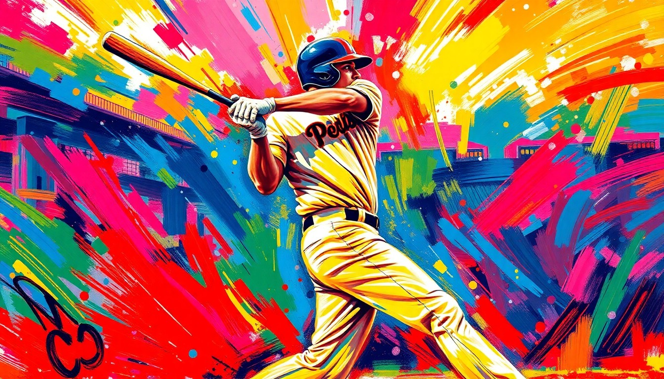 An extreme close-up of a baseball player's bat making contact with a pitch, the impact captured in a burst of vibrant, neon-colored brushstrokes that convey the raw power and energy of the swing.