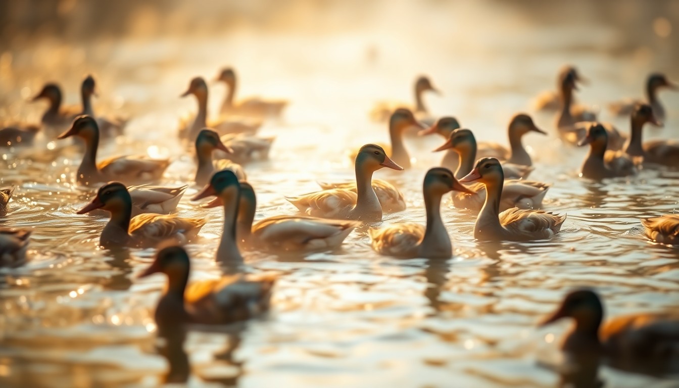An abstract, impressionistic photograph of a flock of ducks swimming in a pond, with the scene rendered in soft, blurred pools of warm light and color.