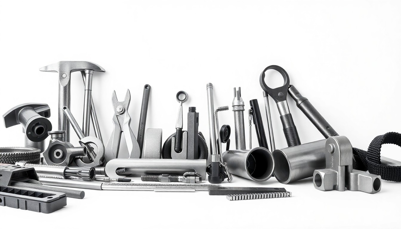 A high-end, photorealistic studio still-life photograph featuring a collection of polished metal tools and construction materials in shades of grey, silver, and black, floating on a clean white background, conceptually representing the planning and execution of a major infrastructure project.