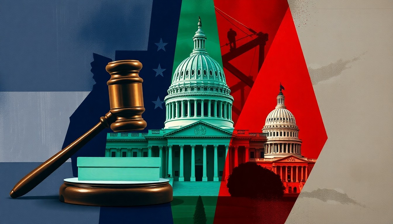 A dynamic, fragmented painting depicting the symbols of government - a gavel, ballot box, and state capitol building - in a swirling, abstract composition that conveys the turbulent political climate in Kentucky.