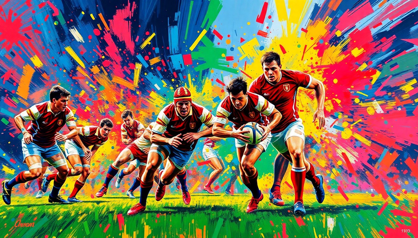 A vibrant, expressionist painting in neon colors depicting the dynamic movements and raw energy of a rugby match, with the players' faces and uniforms dissolved into unrecognizable splatters of color.