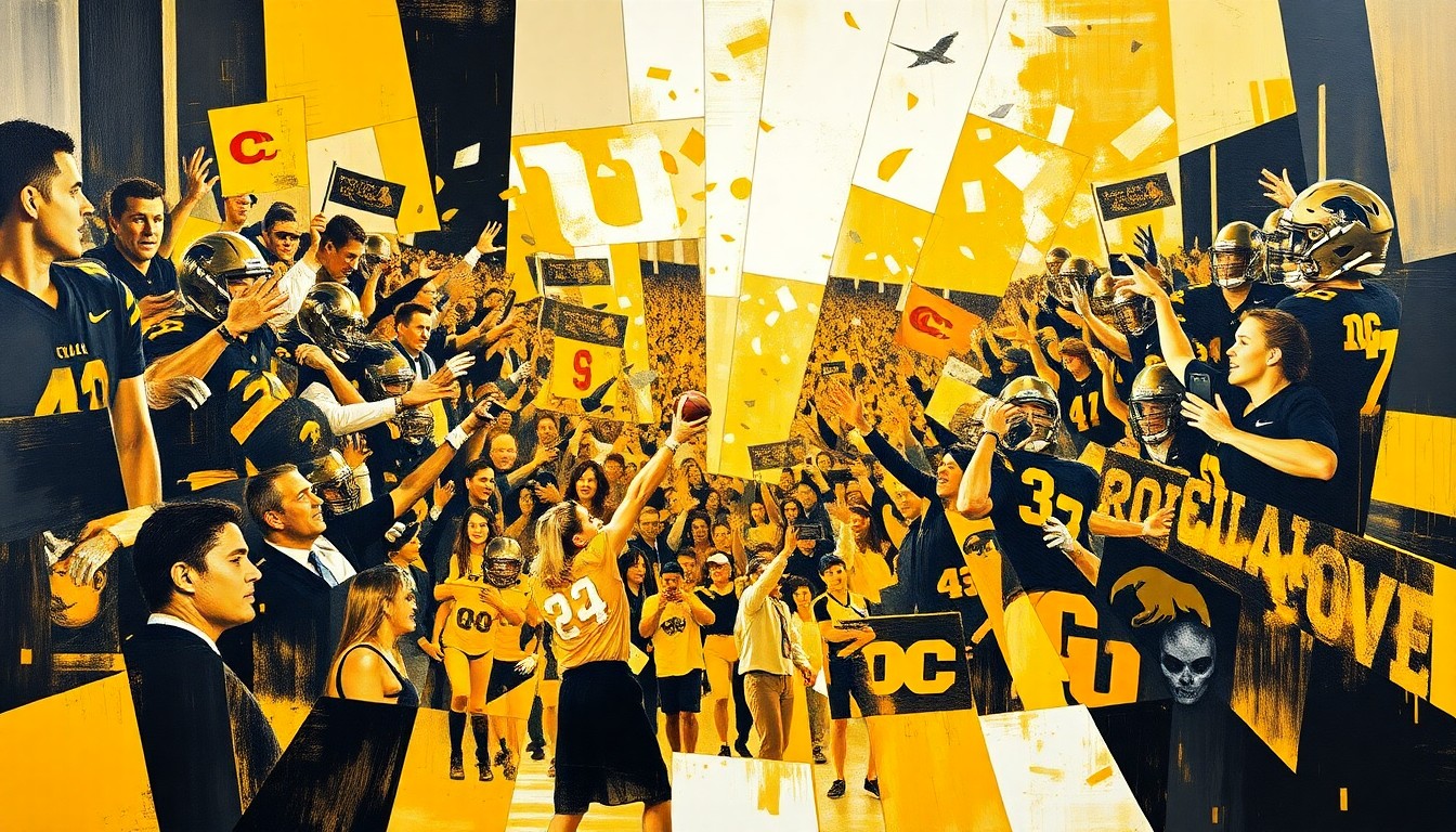 A fractured, cubist-style painting depicting a Colorado Buffaloes football celebration scene, with players' bodies and the locker room environment broken down into sharp, overlapping geometric shapes in the team's colors of gold, black, and white, conveying the energy and unity of the moment.