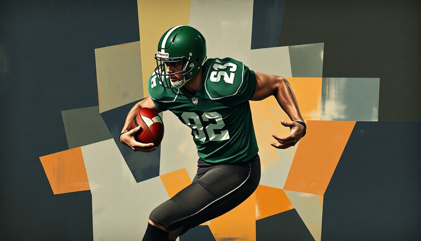 A cubist-style painting featuring sharp, overlapping geometric shapes in navy, green, and orange hues, representing the fractured experience of an NFL cornerback grappling with mental health and physical challenges.