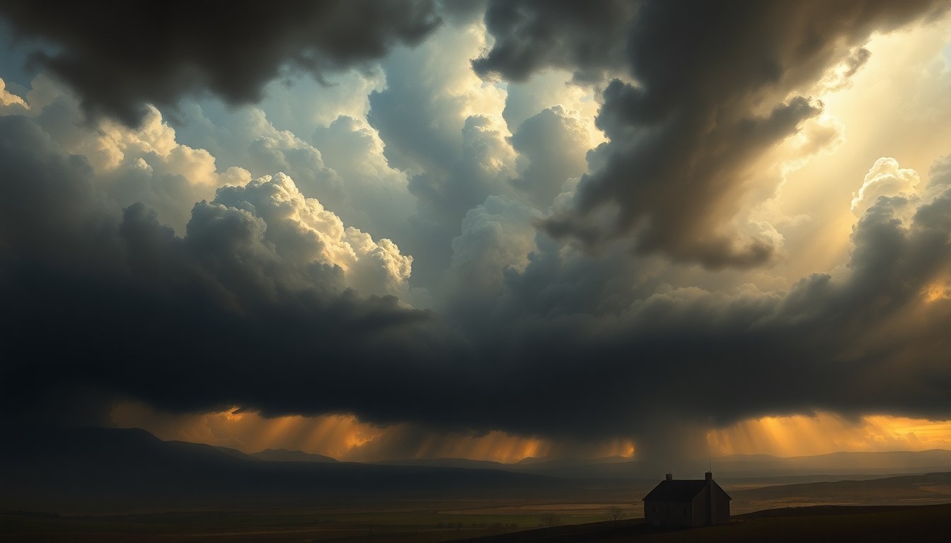 A vast, atmospheric landscape painting depicting an approaching storm system, with the silhouettes of buildings and trees dwarfed by the expansive, turbulent sky.