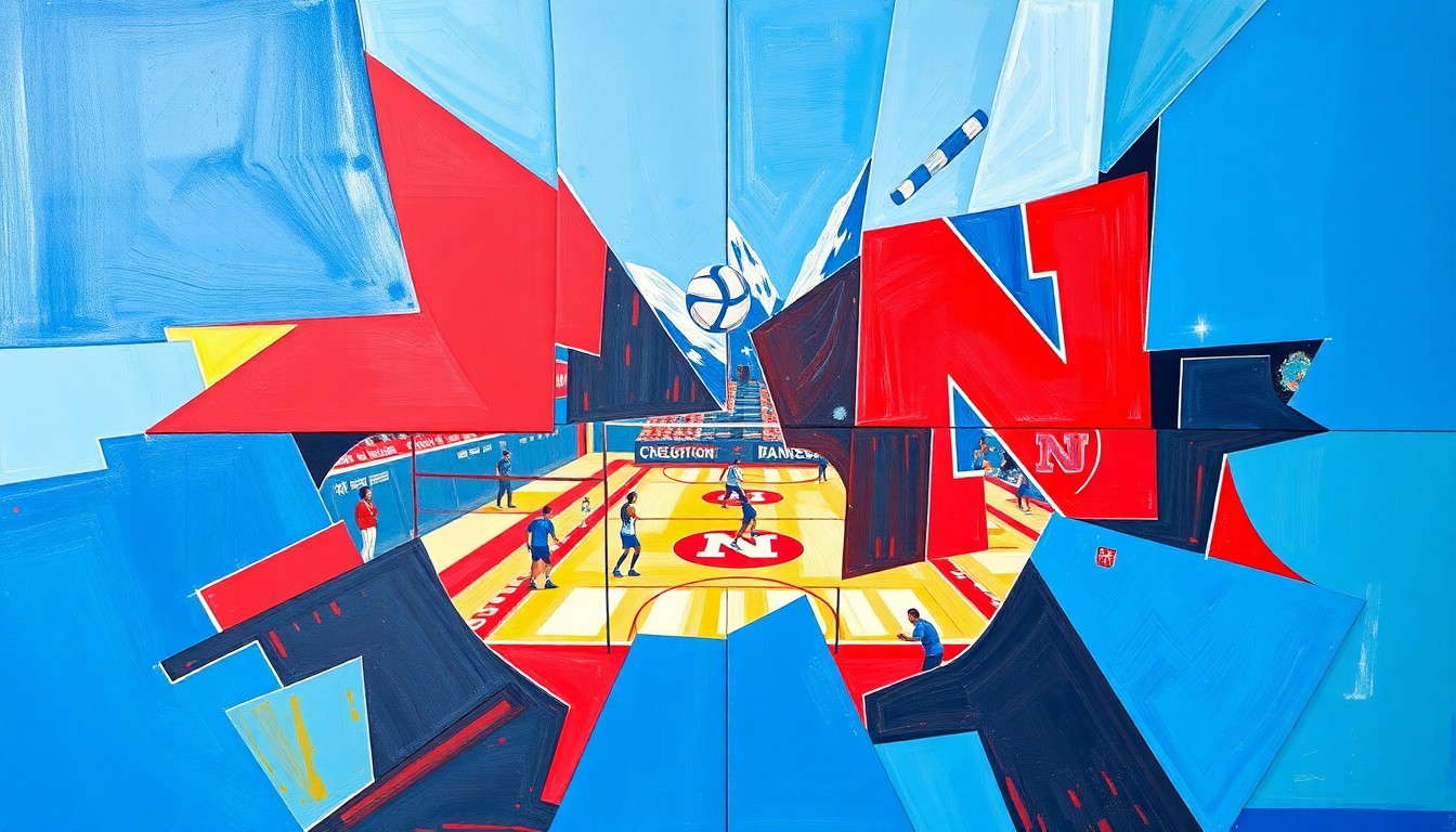 A cubist, geometric painting depicting a volleyball match between Creighton and Nebraska, with sharp, overlapping planes of blue and red representing the two teams' energy and competition.