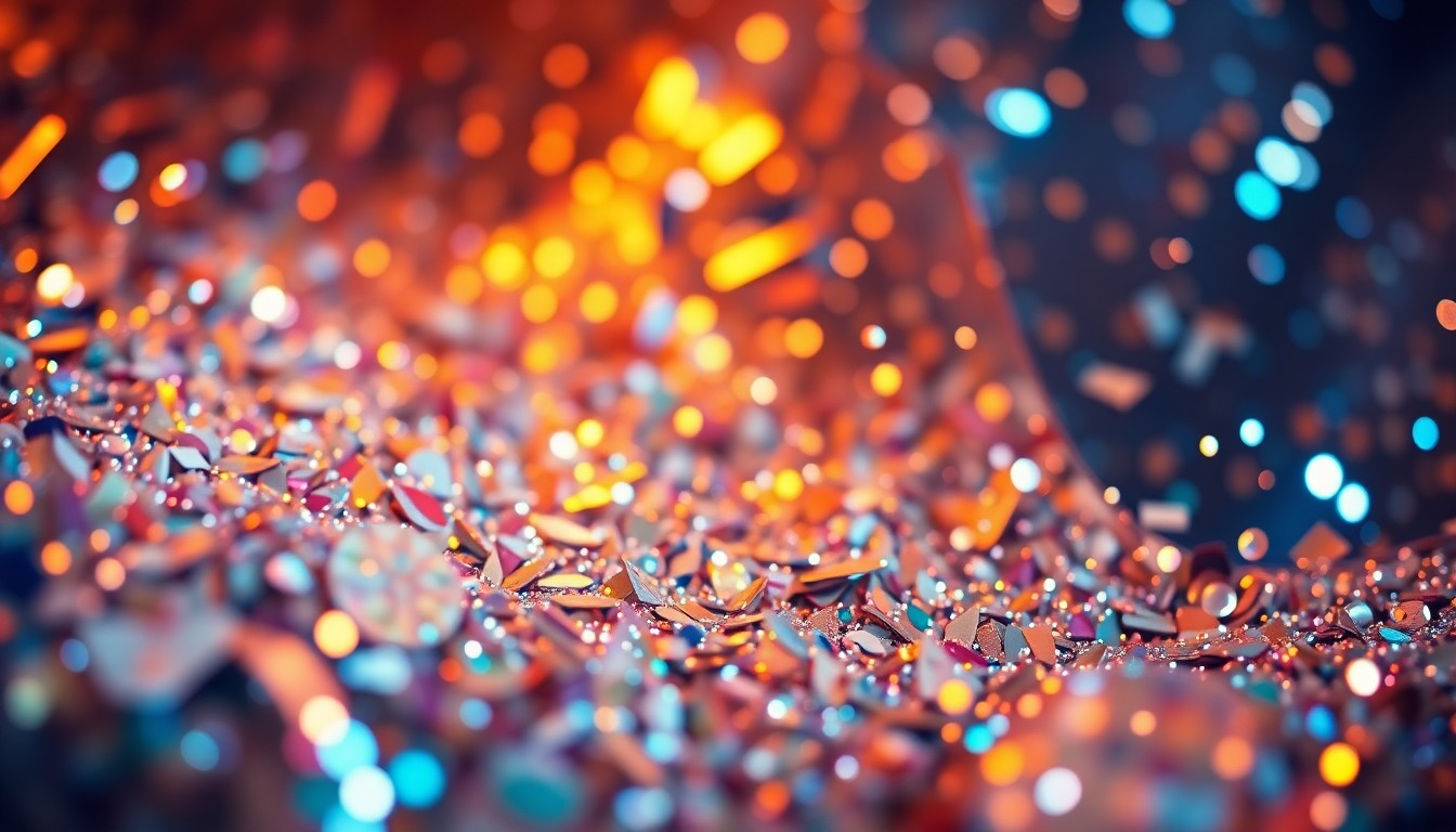 An abstract close-up photograph of shimmering sequins and glittering disco ball fragments, capturing the glamour and energy of a live music performance.