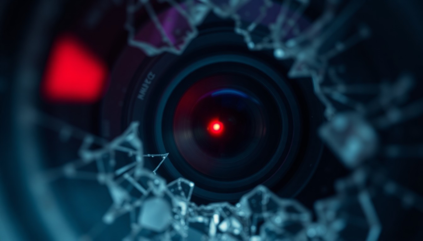 An extreme close-up photograph of a shattered camera lens, the glass cracked and distorted, reflecting a faint red light, conceptually illustrating the violence inflicted on a peaceful protester documenting a demonstration.