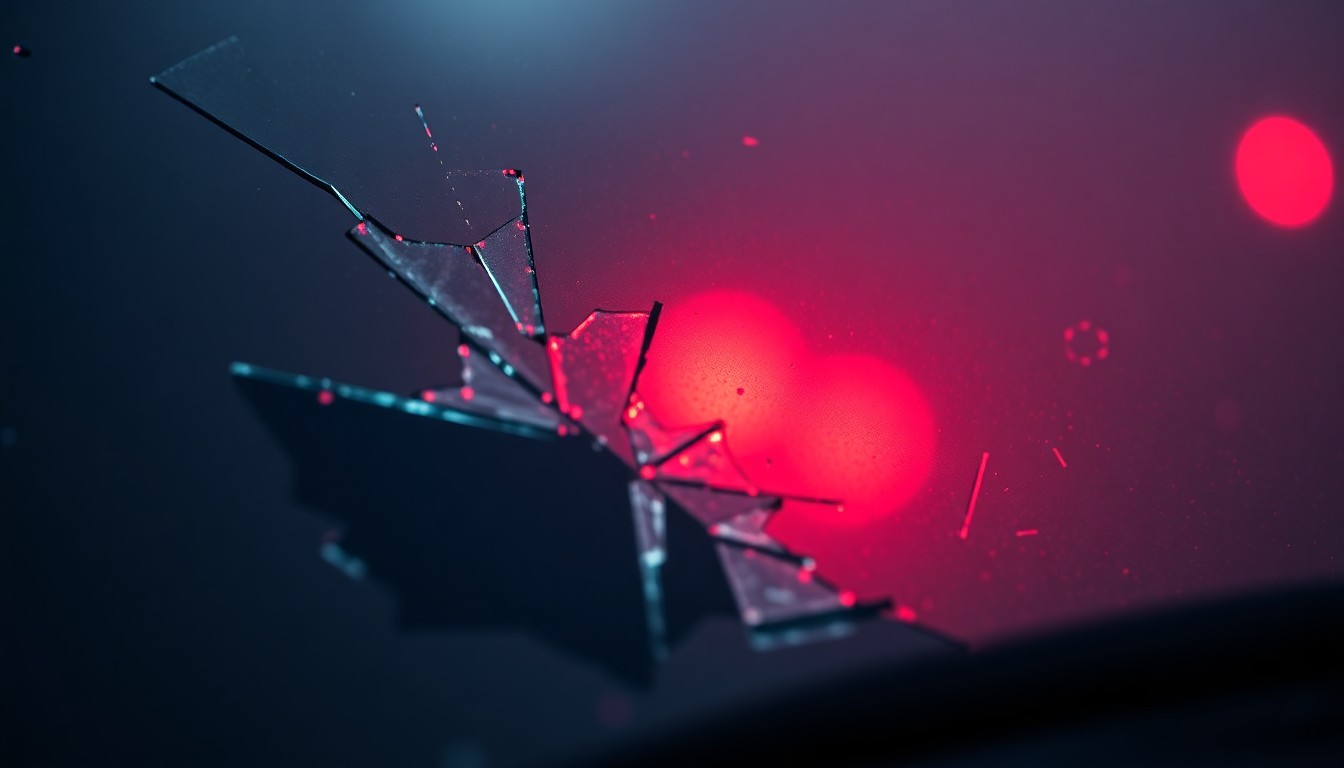 An extreme close-up photograph of shattered car glass, the jagged edges reflecting a faint red light, conceptually illustrating the violent aftermath of a carjacking incident.