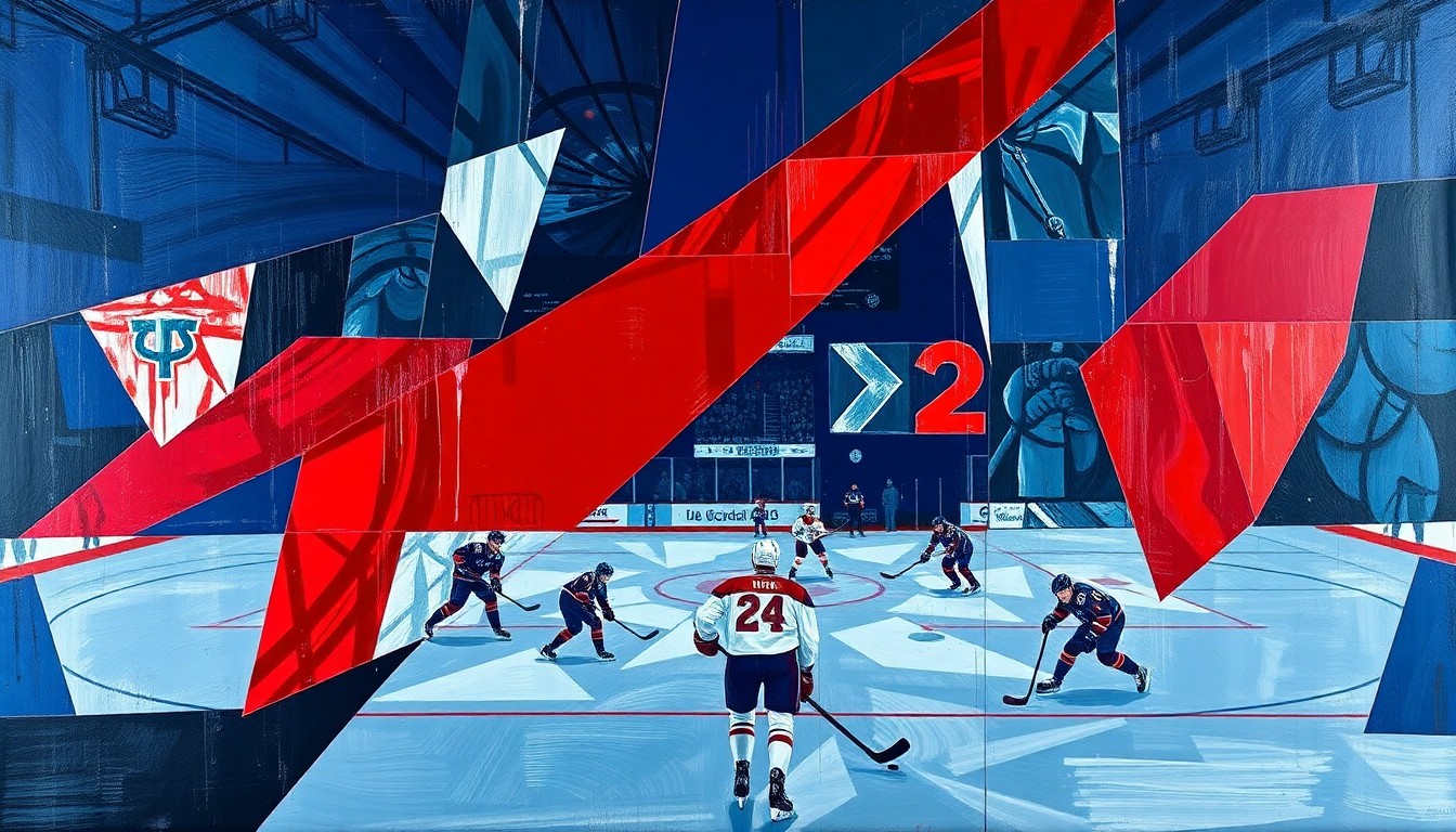 A cubist, geometric painting depicting a fragmented hockey game scene, with overlapping planes of navy, red, and silver colors representing the dynamic action on the ice.