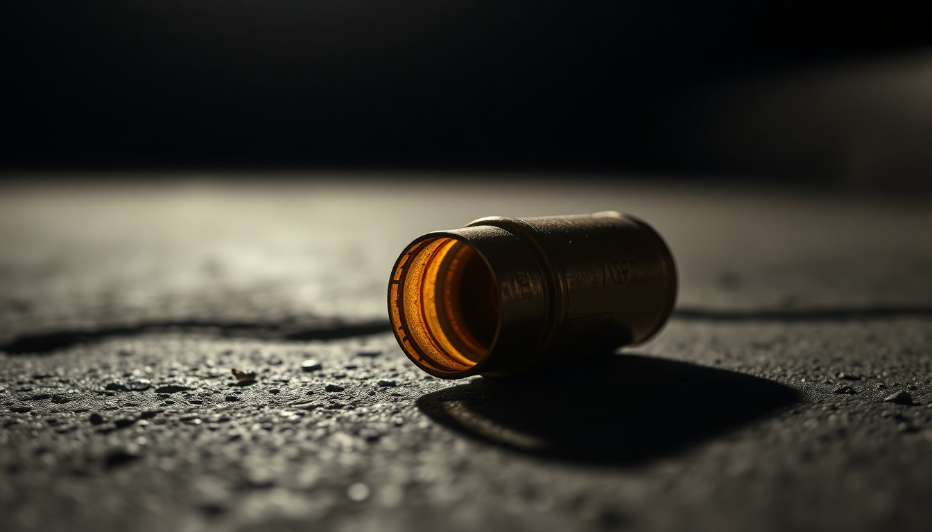 An extreme close-up photograph of a spent shell casing on a dark concrete surface, lit by a harsh, direct camera flash, conceptually representing the physical evidence from a shooting incident.
