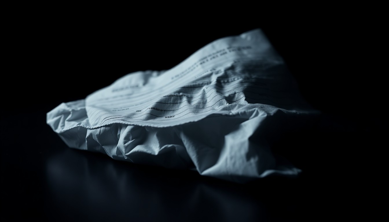 An extreme close-up photograph of a crumpled, discarded immigration document or paperwork, lit by a harsh, direct camera flash against a pitch-black background, conceptually illustrating the serious legal ramifications of fabricating stories about immigration enforcement.