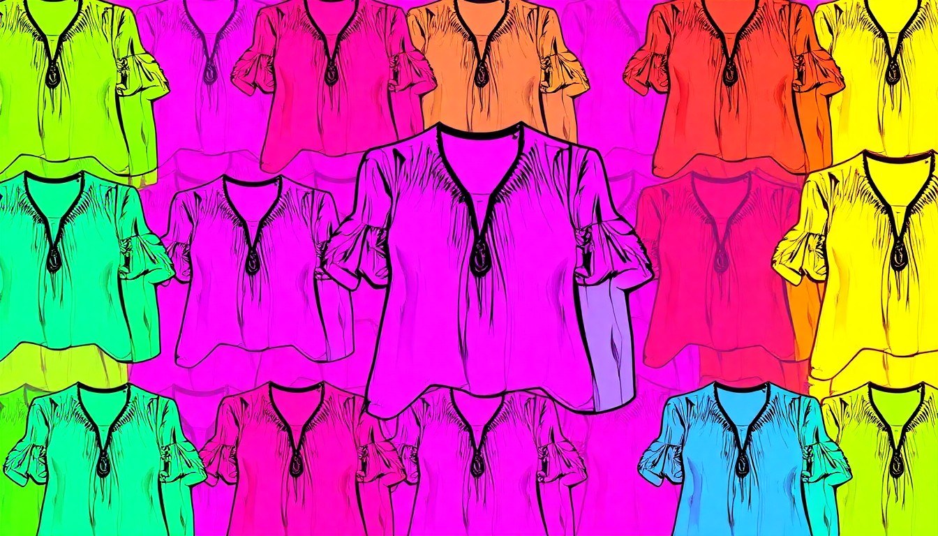 A brightly colored, high-contrast silkscreen print of a single, iconic boho-inspired top repeated in a tight grid pattern, conceptually representing an affordable fashion alternative to a celebrity-inspired trend.