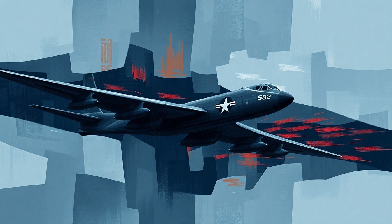 A dynamic, fragmented painting depicting an Air Force radar plane in motion, with overlapping geometric shapes and brushstrokes in shades of blue, gray, and red, conveying a sense of speed and urgency.