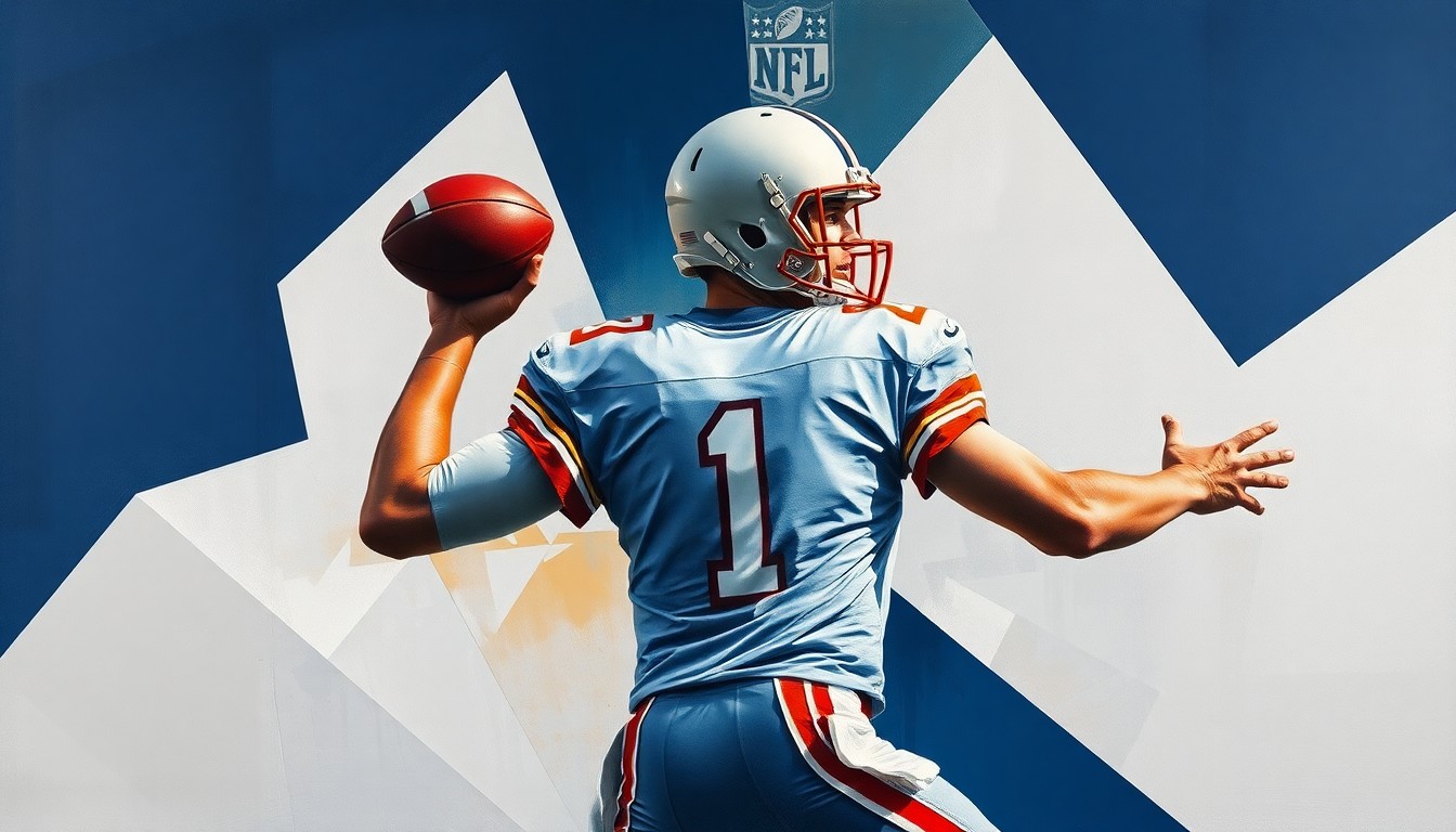 A fragmented, cubist-style painting depicting a quarterback in motion, with sharp geometric shapes and planes of color representing the dynamic action of the game.