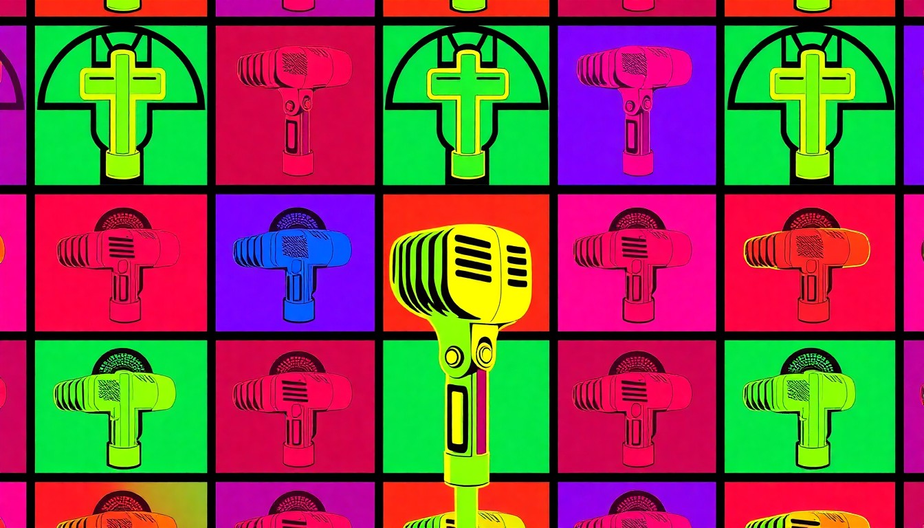 A brightly colored, high-contrast silkscreen print of a microphone repeated in a tight grid pattern, representing the Christian music and worship at the Robnett Founders Dinner event.