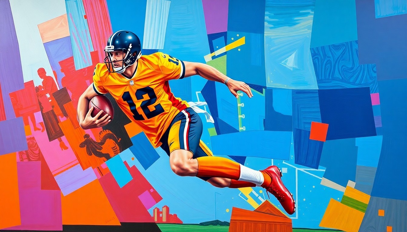 A fragmented, cubist-style painting depicting a football player in motion, broken down into sharp, overlapping geometric shapes in a vibrant color palette.