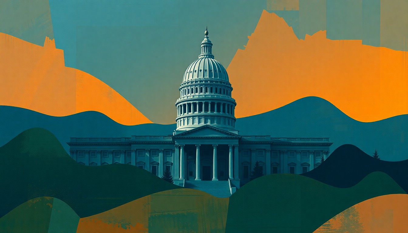 A highly textured, abstract painting of a state capitol building dissolving into overlapping geometric shapes and brushstrokes in shades of blue, orange, and green, conveying a sense of political turmoil and upheaval.