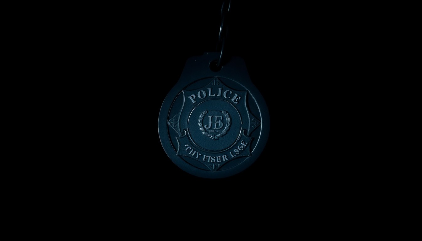 An extreme close-up photograph of a police badge or handcuffs against a pitch-black background, lit by a harsh, direct camera flash to create a stark, gritty, investigative aesthetic.