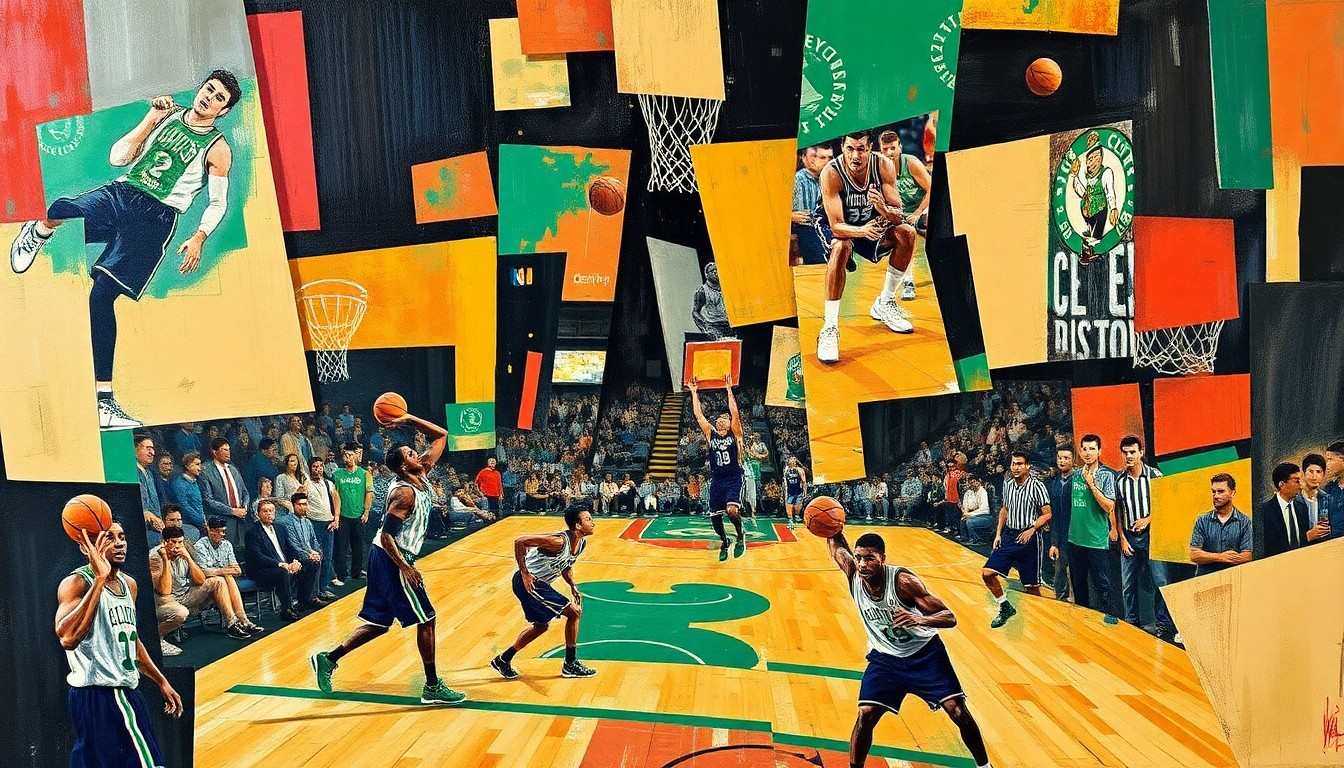 A cubist, geometric painting depicting a basketball game or match, with the players and court broken down into sharp, overlapping planes of color and shape, conveying the energy and movement of the sport.