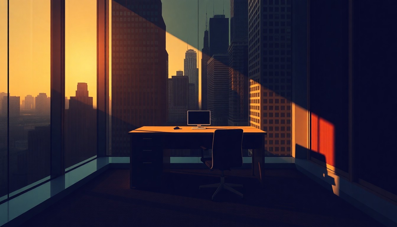A detailed, photorealistic painting of an empty office desk in a dimly lit, downtown high-rise, with warm, diagonal sunlight and deep shadows creating a sense of solitude and melancholy, conceptually representing the fiscal challenges facing Illinois and Chicago.