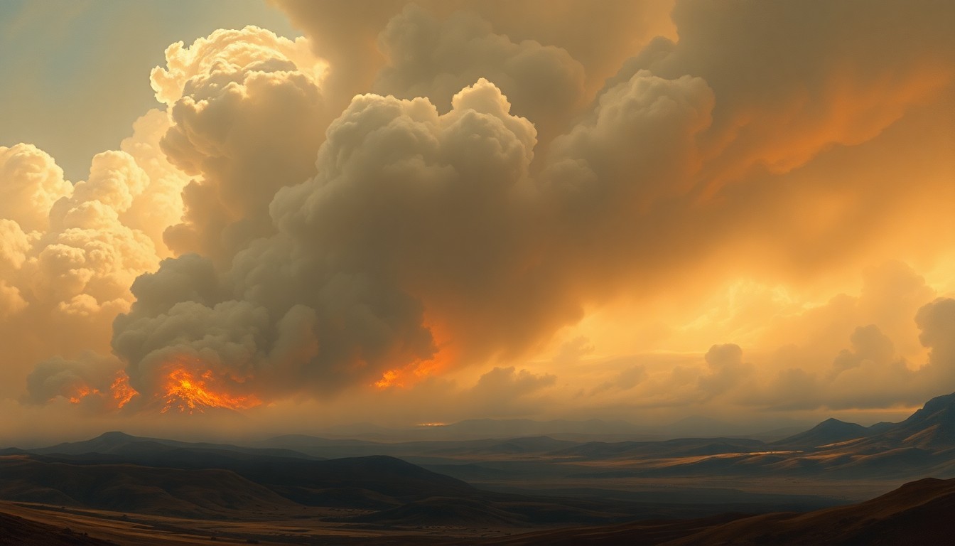 A vast, atmospheric landscape painting depicting a distant wildfire, with billowing smoke obscuring the horizon and dwarfing any visible structures or vegetation, conveying the overwhelming power of nature.
