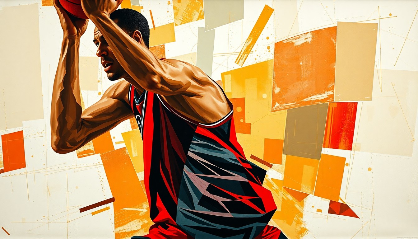 A fractured, geometric painting depicting a basketball player's actions broken down into sharp, overlapping planes of red, black, and white, capturing the raw energy and motion of the sport.