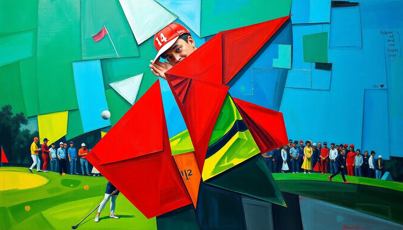 A cubist, geometric painting depicting a fragmented, multi-angled view of a golf tournament, with sharp planes of color representing the competitive tensions between traditional and breakaway tours.