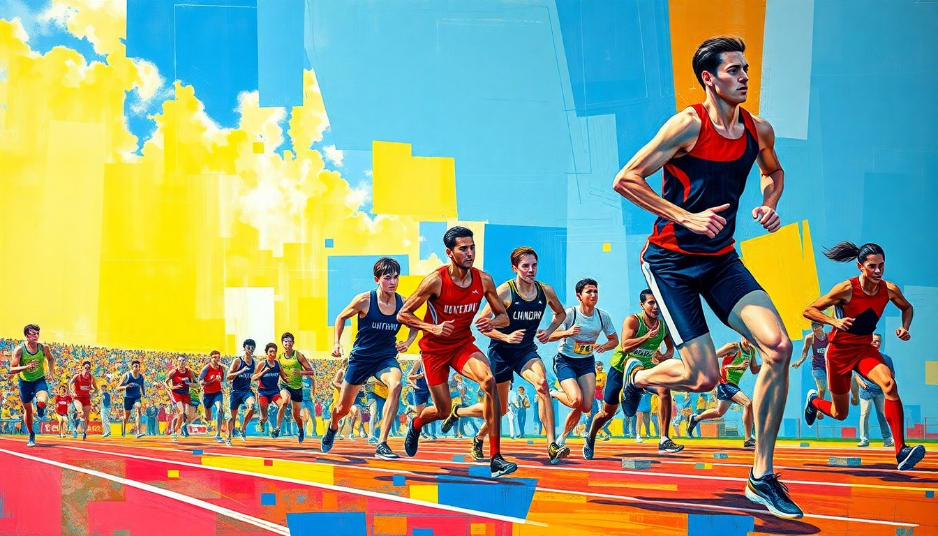 A fragmented, geometric painting depicting the overlapping movements and perspectives of athletes competing in a track and field event, rendered in a vibrant color palette.