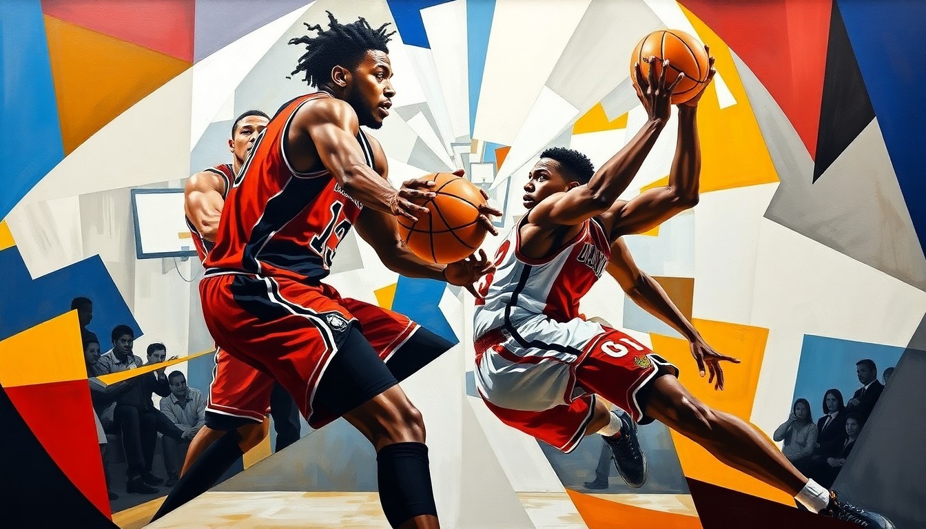 A fractured, cubist-style painting depicting the collision between two basketball players, their forms broken down into sharp, overlapping geometric shapes and planes of vibrant color.