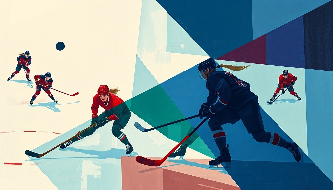 A cubist-style painting depicting a women's hockey game, with the players and puck represented through sharp, overlapping geometric shapes in a vibrant color palette, capturing the dynamic energy of the sport.