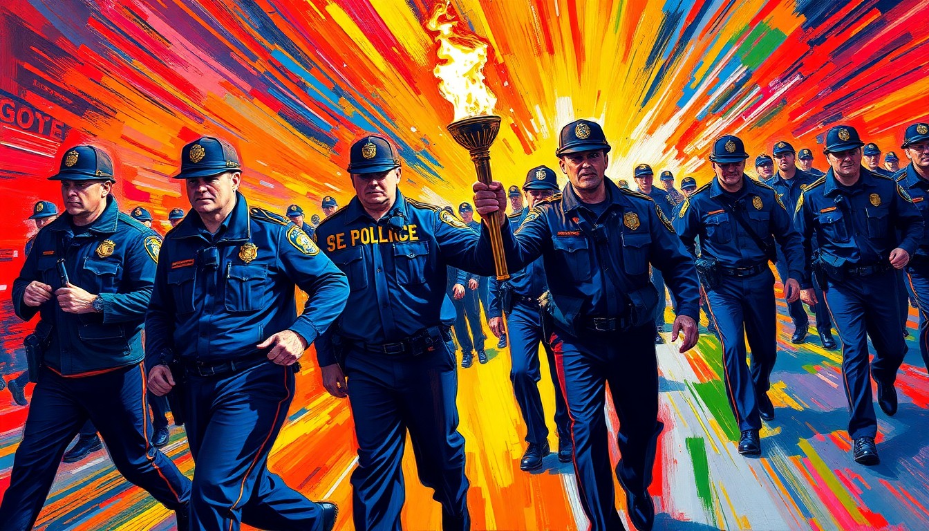 An abstract, energetic painting with bold, sweeping brushstrokes in neon shades of blue, green, and orange, capturing the dynamic movement and camaraderie of a torch relay event.