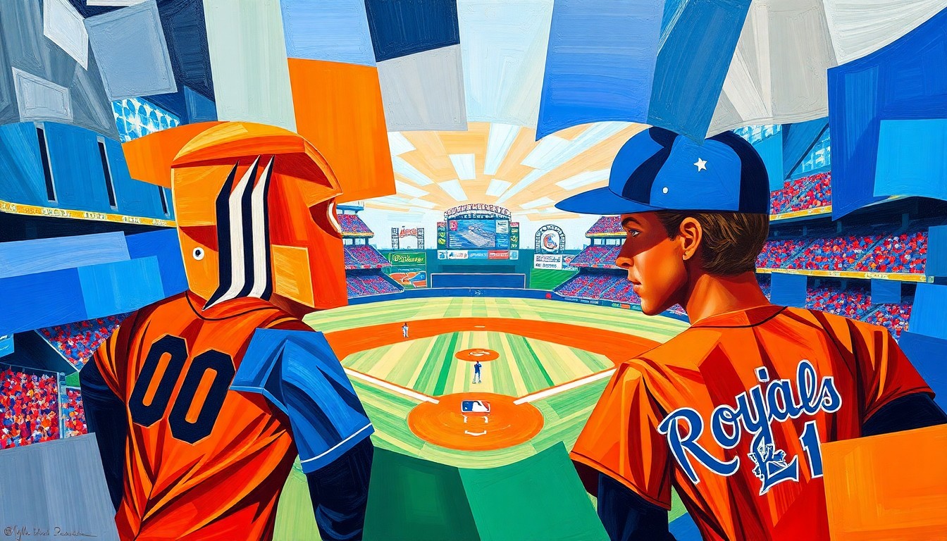 A fractured, cubist-style painting depicting a baseball game between the Detroit Tigers and Kansas City Royals, with the players and field broken down into sharp, overlapping geometric shapes and planes of vibrant orange, blue, and red colors.